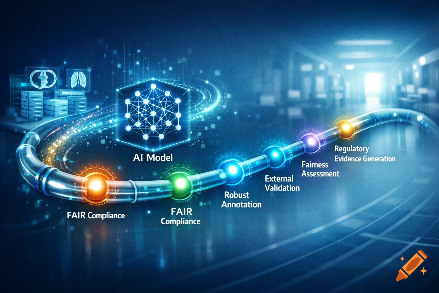 Conceptual diagram of an AI model pipeline for healthcare, featuring FAIR compliance, validation, assessment, and evidence generation.