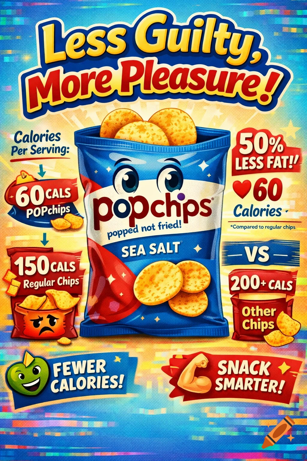 A colorful cartoon ad for Popchips, showing a bag of chips with a smiling face and comparing calorie and fat content to regular and other chips, with text like "Less Guilty, More Pleasure!"