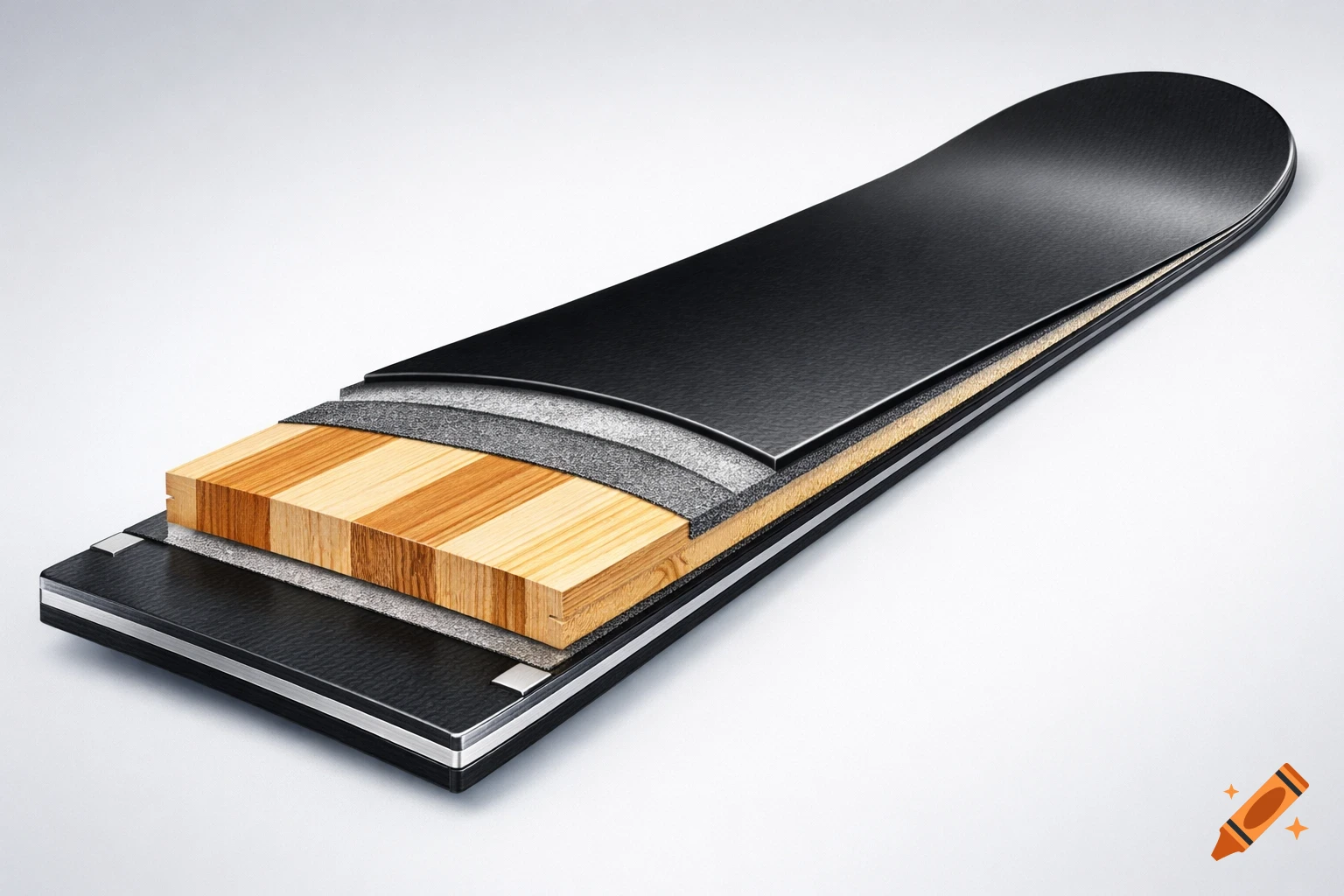 Detailed cross-section of a snowboard, revealing its distinct layers of wood, composite, and black surface material.