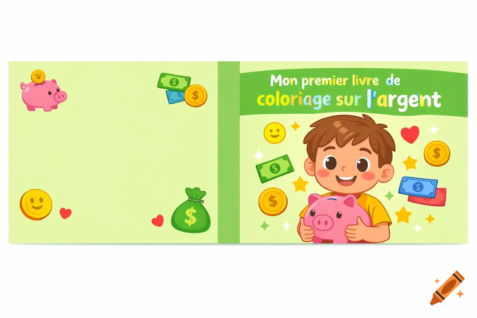Cartoon child holding a pink piggy bank on a children's book cover titled 'Mon premier livre de coloriage sur l'argent', surrounded by coins and bills.