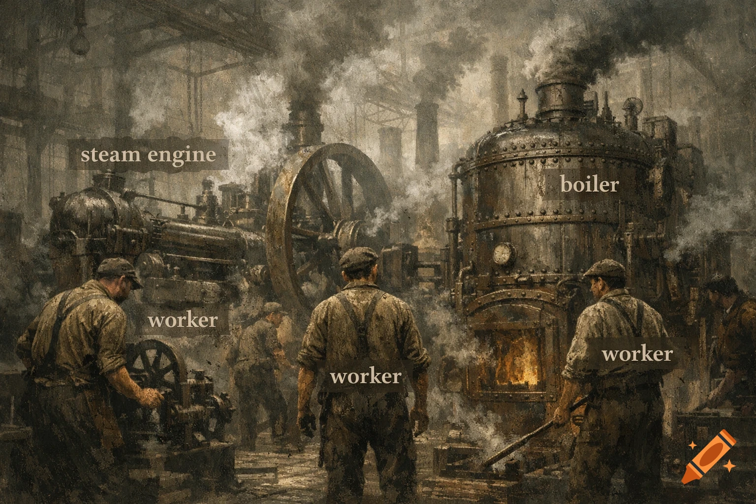 A semi-realistic painting of a 19th-century industrial factory with workers, steam engines, and smoking chimneys. Text labels identify 'steam engine', 'boiler', and 'worker'.