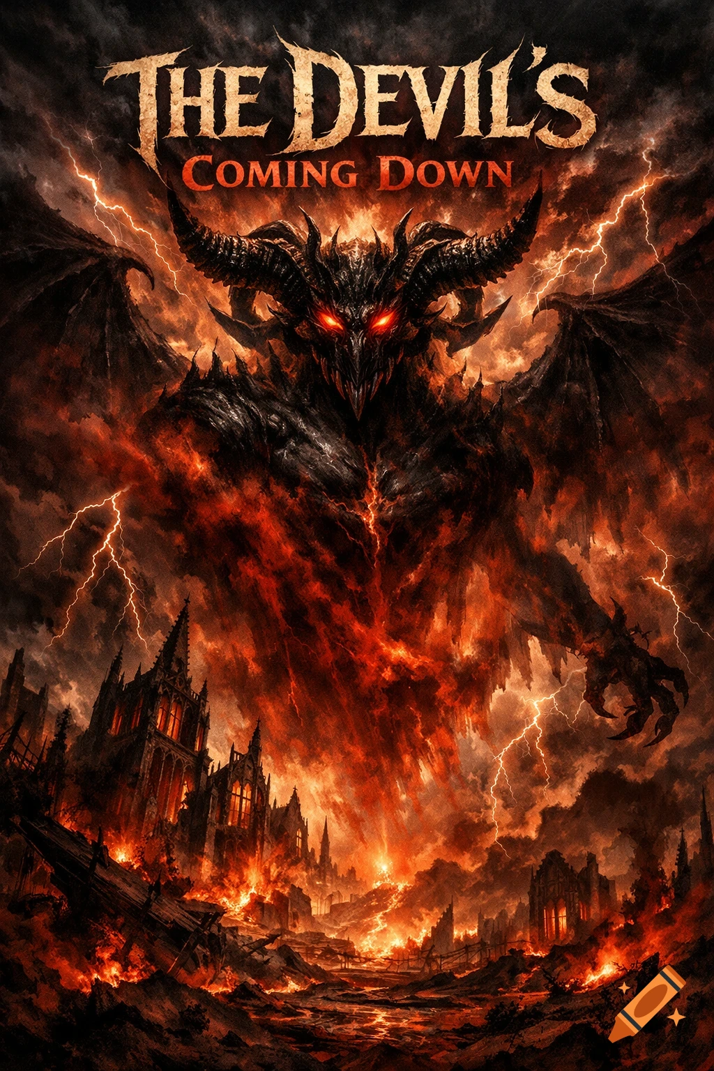 Dark fantasy album cover depicting a horned demon with red eyes towering over a fiery ruined city with lightning. Text: 'THE DEVIL'S COMING DOWN'.