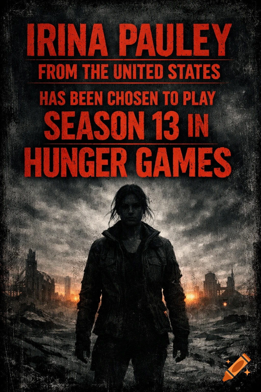 A gritty movie poster with a lone figure in a desolate, post-apocalyptic city, featuring text about 'Hunger Games' Season 13.