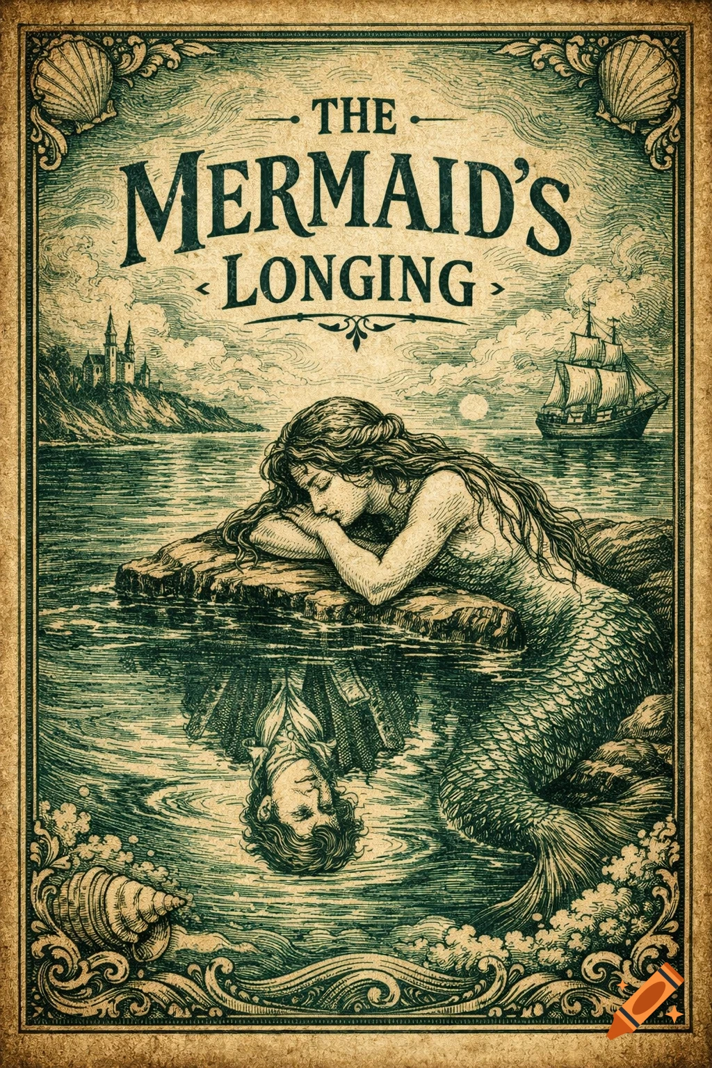 Vintage book cover in green and sepia tones, depicting a mermaid resting on a rock, gazing at a man's reflection in the water, with a castle and ship in the background, titled "THE MERMAID'S LONGING".