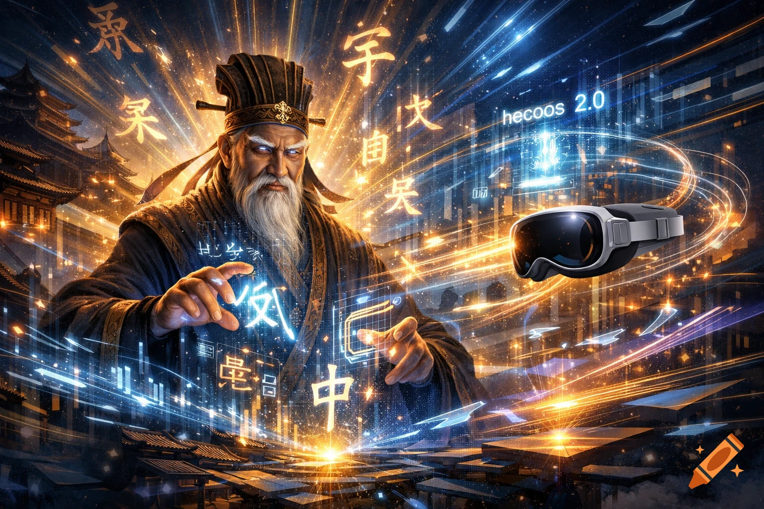 A bearded ancient Chinese sage in traditional attire conjuring glowing Chinese characters and digital light streaks, with a VR headset and futuristic city in the background. "hecoos 2.0" text is visible.