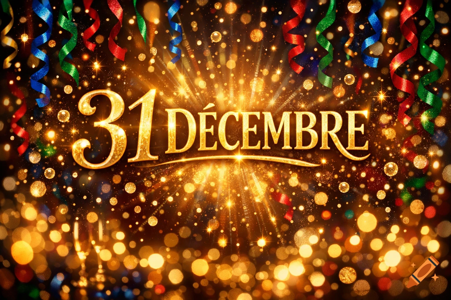 Golden '31 DÉCEMBRE' text on a black background with sparkling bokeh lights and colorful festive streamers.