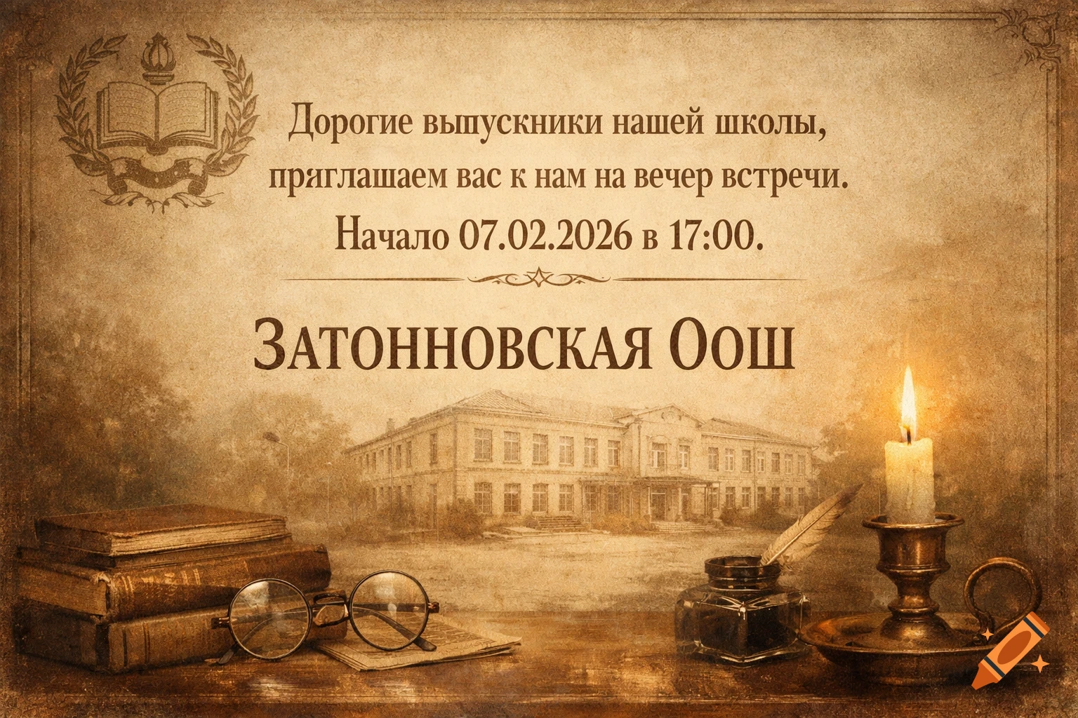 Vintage-style Russian invitation card for a school alumni reunion, featuring an old building, books, glasses, and a lit candle.