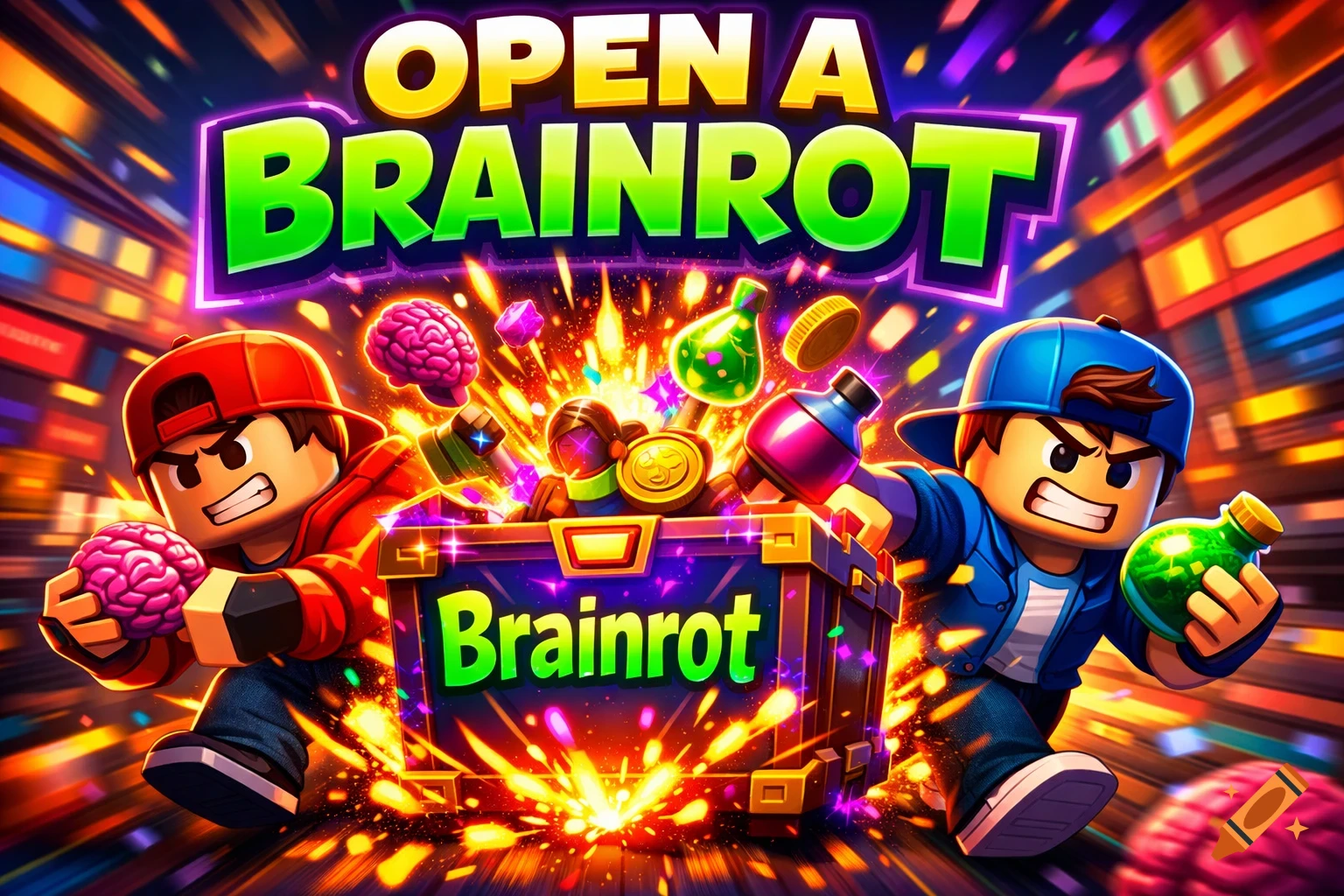 Two stylized Roblox characters, one in red, one in blue, running from an exploding loot box labeled 'Brainrot', holding brains and potions. Text 'OPEN A BRAINROT' above.