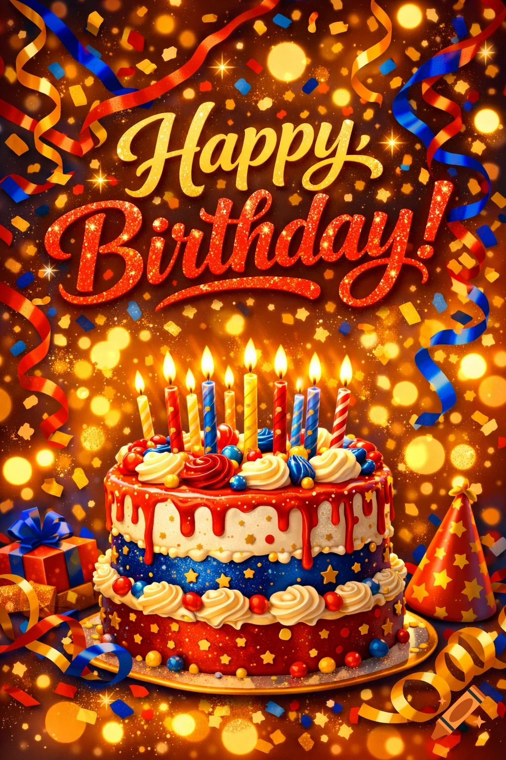 A vibrant Happy Birthday card with a multi-tiered cake, lit candles, confetti, streamers, and gifts on a sparkling gold background.