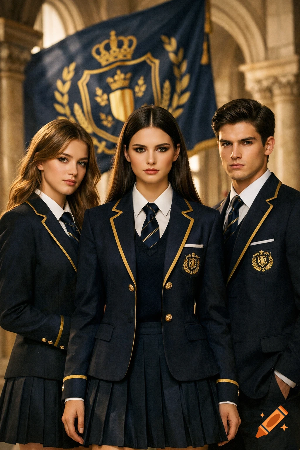 Three young adults, two women and one man, stand confidently in navy and gold school uniforms within a grand European boarding school setting, a crest banner behind them.