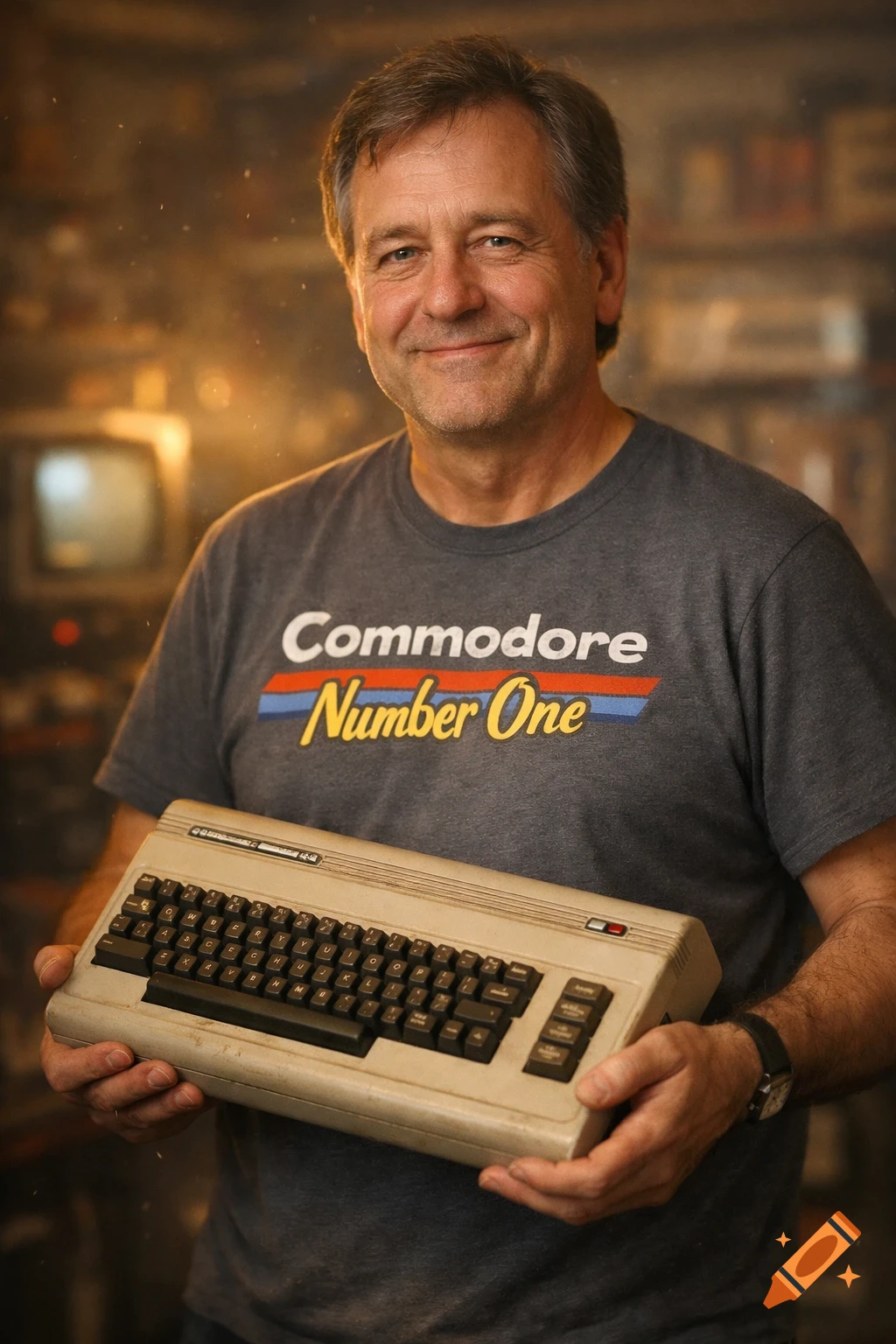 A smiling man in a gray 'Commodore Number One' t-shirt holds a vintage Commodore 64 computer, illuminated by warm light.