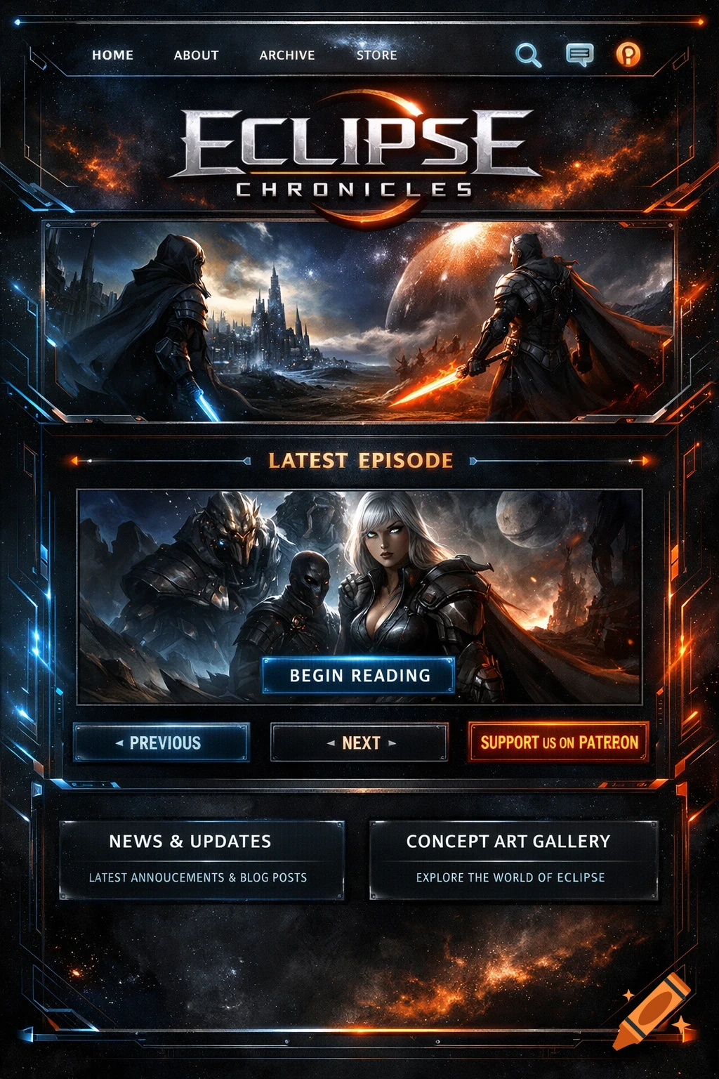 Dark theme web design for 'Eclipse Chronicles' sci-fi fantasy webcomic with blue and orange accents. It features armored characters, planets, and navigation links.