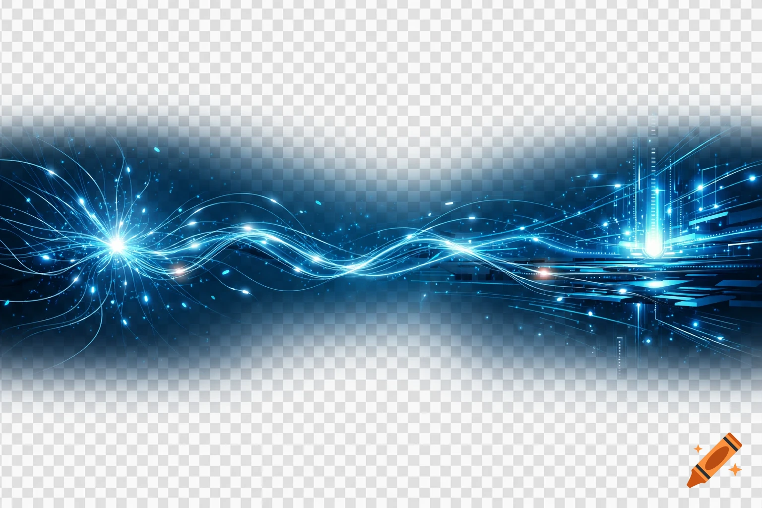 Abstract blue technological illustration with glowing lines, particles, and light trails on a transparent background.