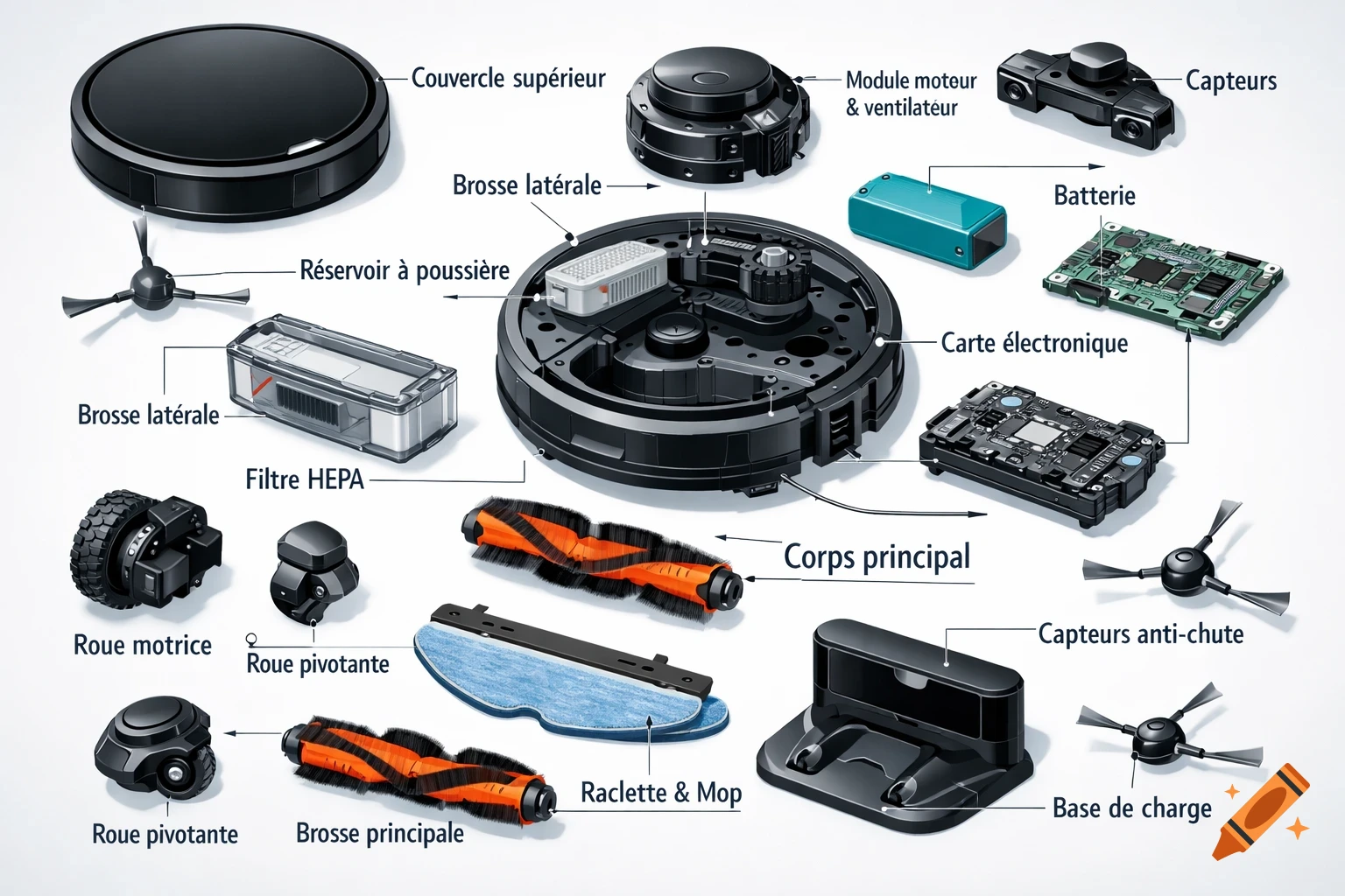 Exploded diagram of a robot vacuum cleaner, showing all internal and external components with French labels.