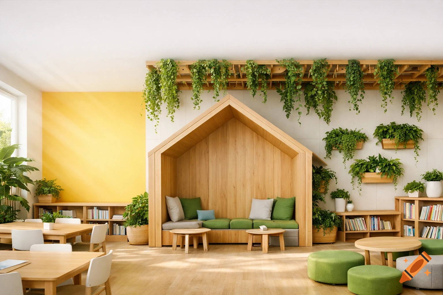 Photorealistic biophilic school interior with a wooden house-shaped seating area, green plants, bookshelves, and a bright yellow accent wall.