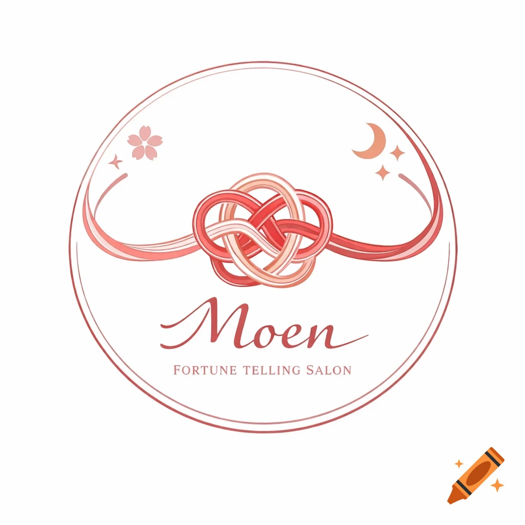 Circular logo with a central red and pink Japanese Mizuhiki knot, text "Moen Fortune Telling Salon", a cherry blossom, and a crescent moon, on a white background.