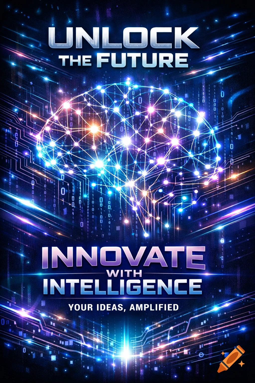 A futuristic poster with a glowing, interconnected brain graphic amidst circuitry and binary code, with text 'Unlock the Future', 'Innovate with Intelligence', and 'Your Ideas, Amplified'.