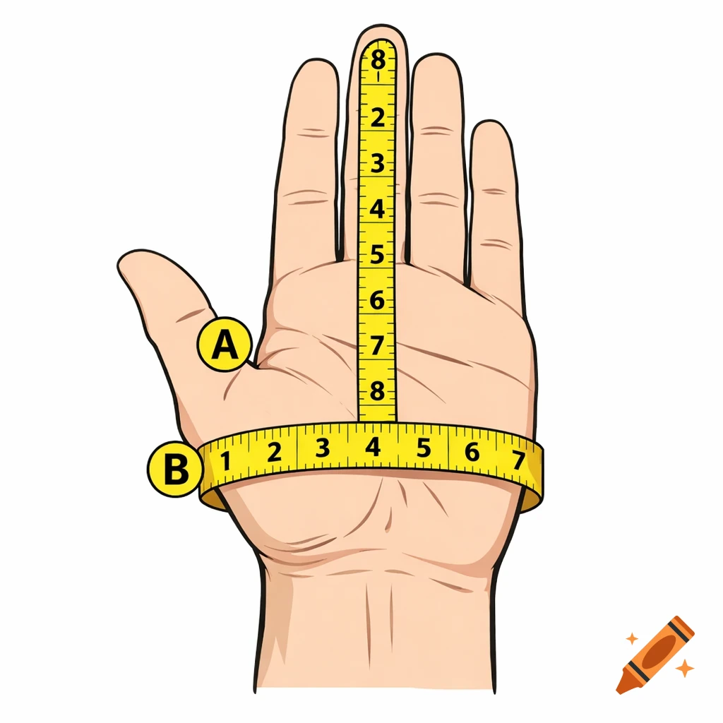 Illustration of a right hand, palm up, with two yellow tape measures. Tape A measures finger length, Tape B measures hand circumference.