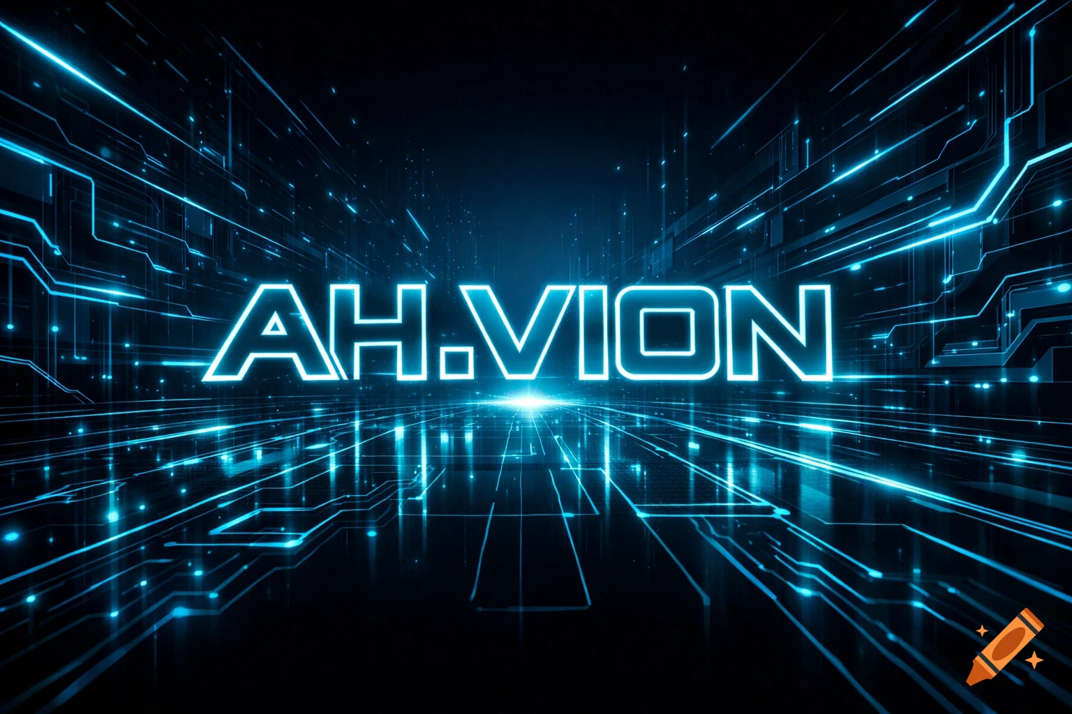 Glowing blue futuristic circuit lines converge in a dark digital space with the neon white text 'AH.VION' at the center.