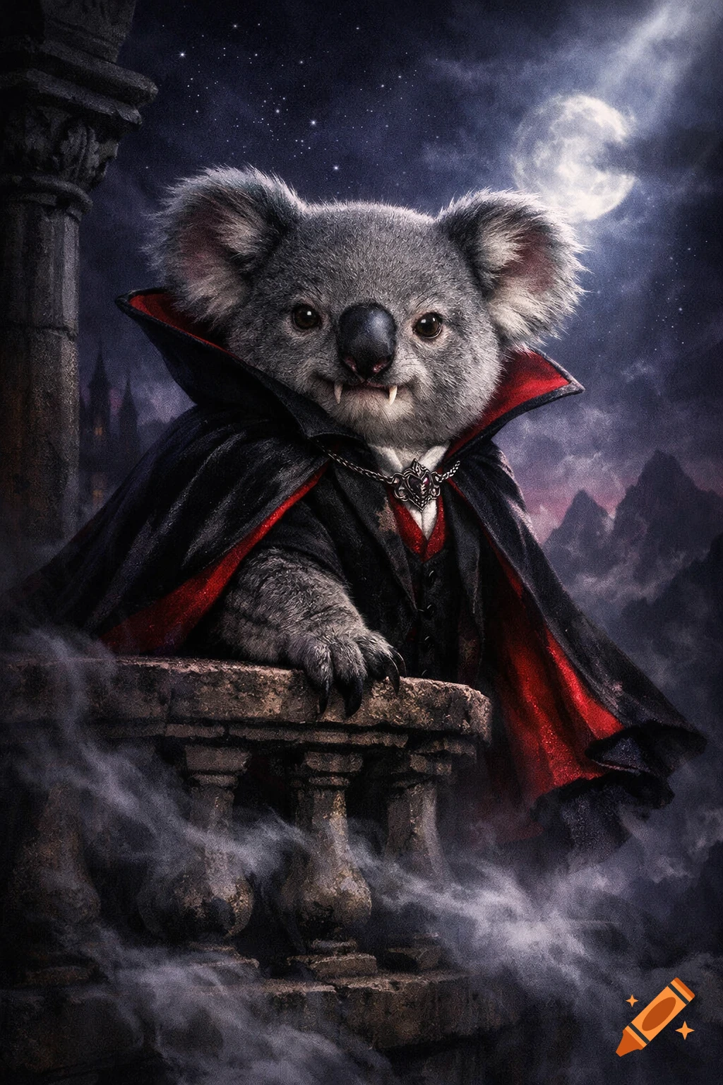 A koala dressed as Dracula with fangs and a red-lined cape stands on a stone balcony under a full moon, with a castle and mountains in the background.
