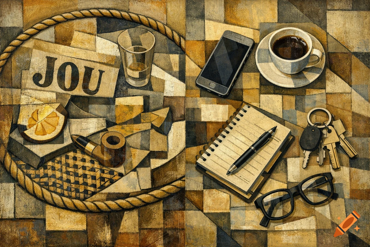 Cubist painting of a still life with a smartphone, coffee, notebook, keys, glasses, a pipe, and the word 'JOU'.