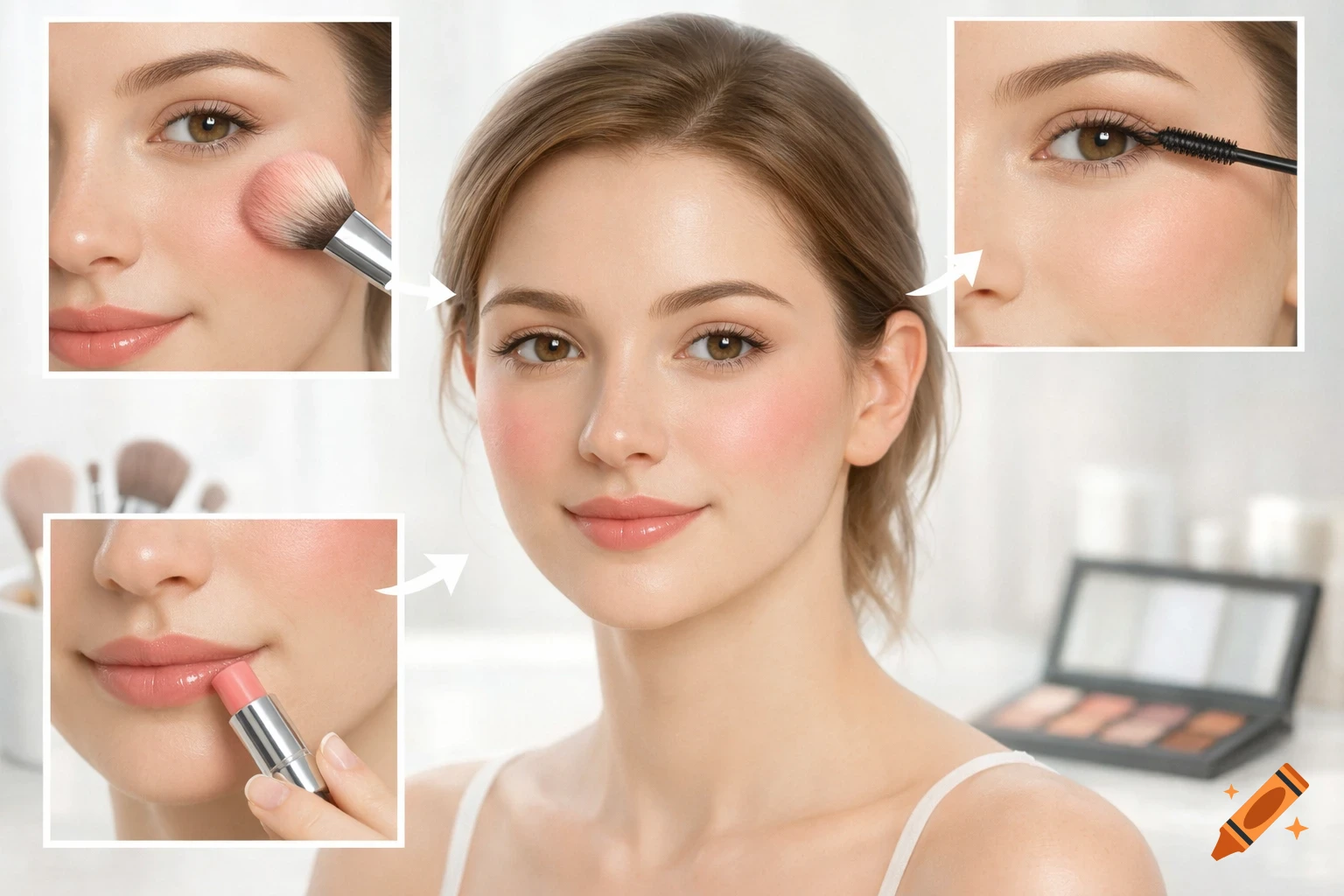 Woman demonstrating makeup application with three inset photos showing blush, mascara, and lipstick steps.