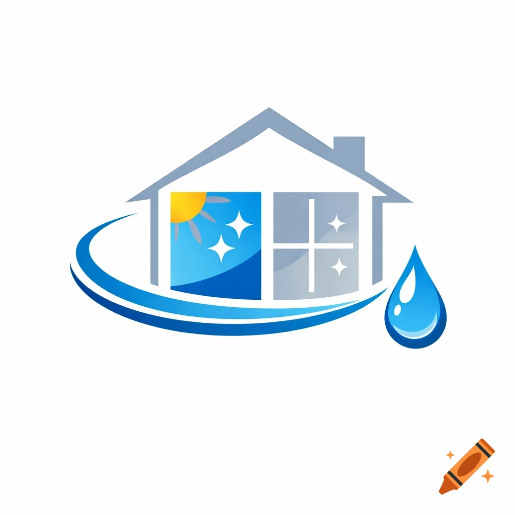 A blue and grey logo shows a house with sparkling windows, a sun, and a water droplet, framed by a blue swoosh.