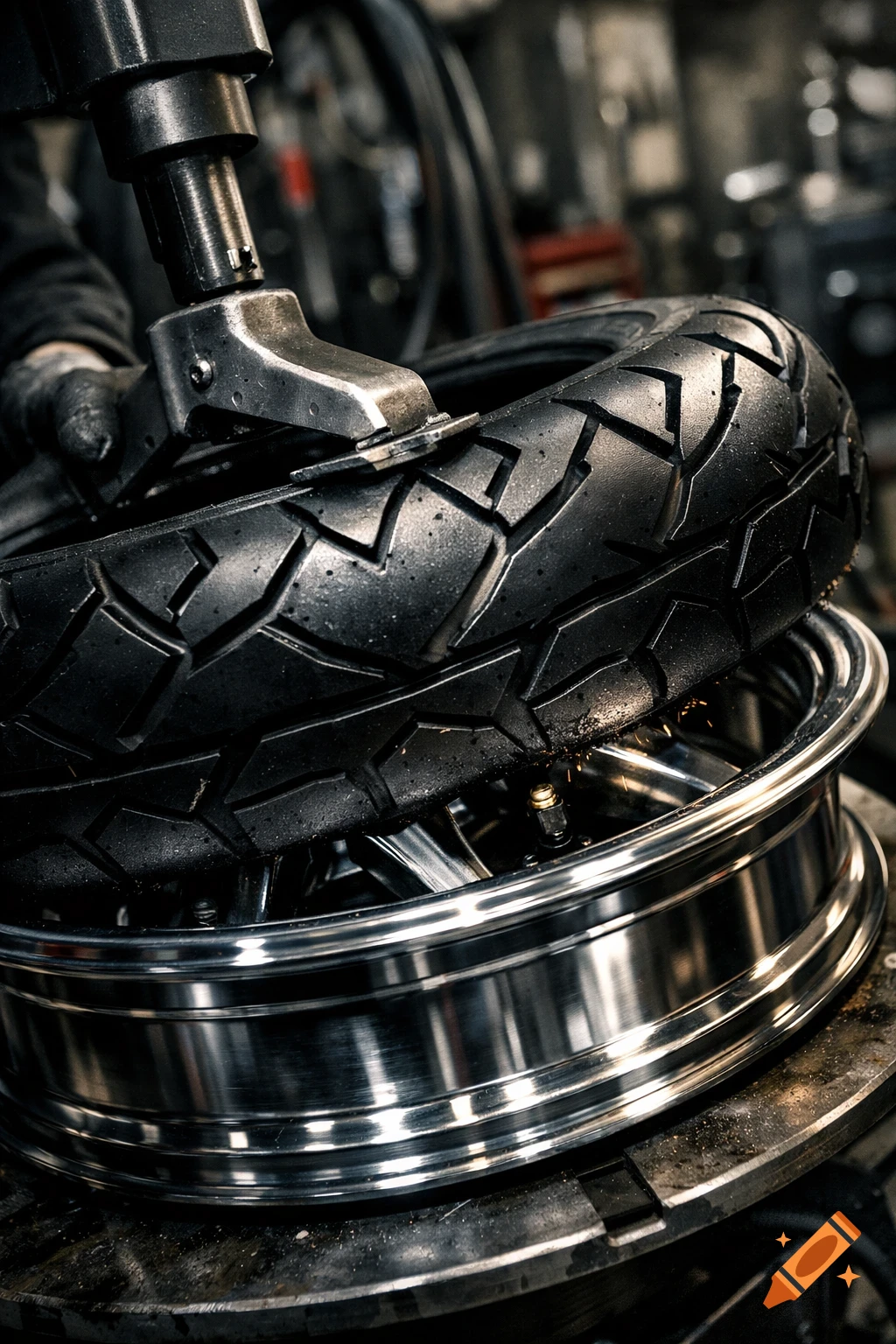 Close-up of a motorcycle tire being mounted onto a shiny chrome rim by a tire changing machine in a garage, photorealistic style.