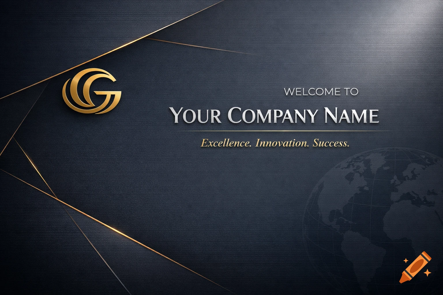 Elegant black and gold business presentation slide with a 'G' logo, geometric lines, and 'YOUR COMPANY NAME' text.