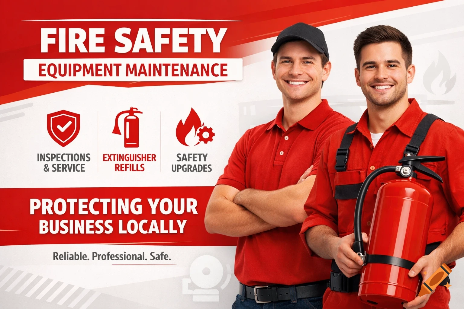 Two smiling men in red uniforms, one holding a fire extinguisher, against a red and white flyer advertising fire safety equipment maintenance services.