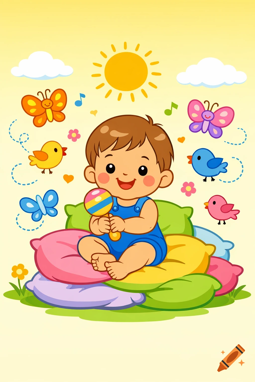 Cartoon baby in blue overalls sitting on colorful pillows, holding a rattle, surrounded by butterflies and birds under a sun.