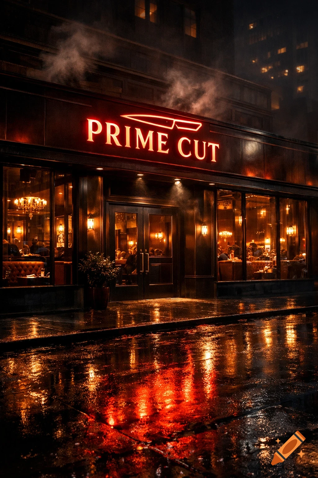 A photorealistic nighttime street view of a 'Prime Cut' steakhouse, its red neon sign reflecting on the wet pavement.
