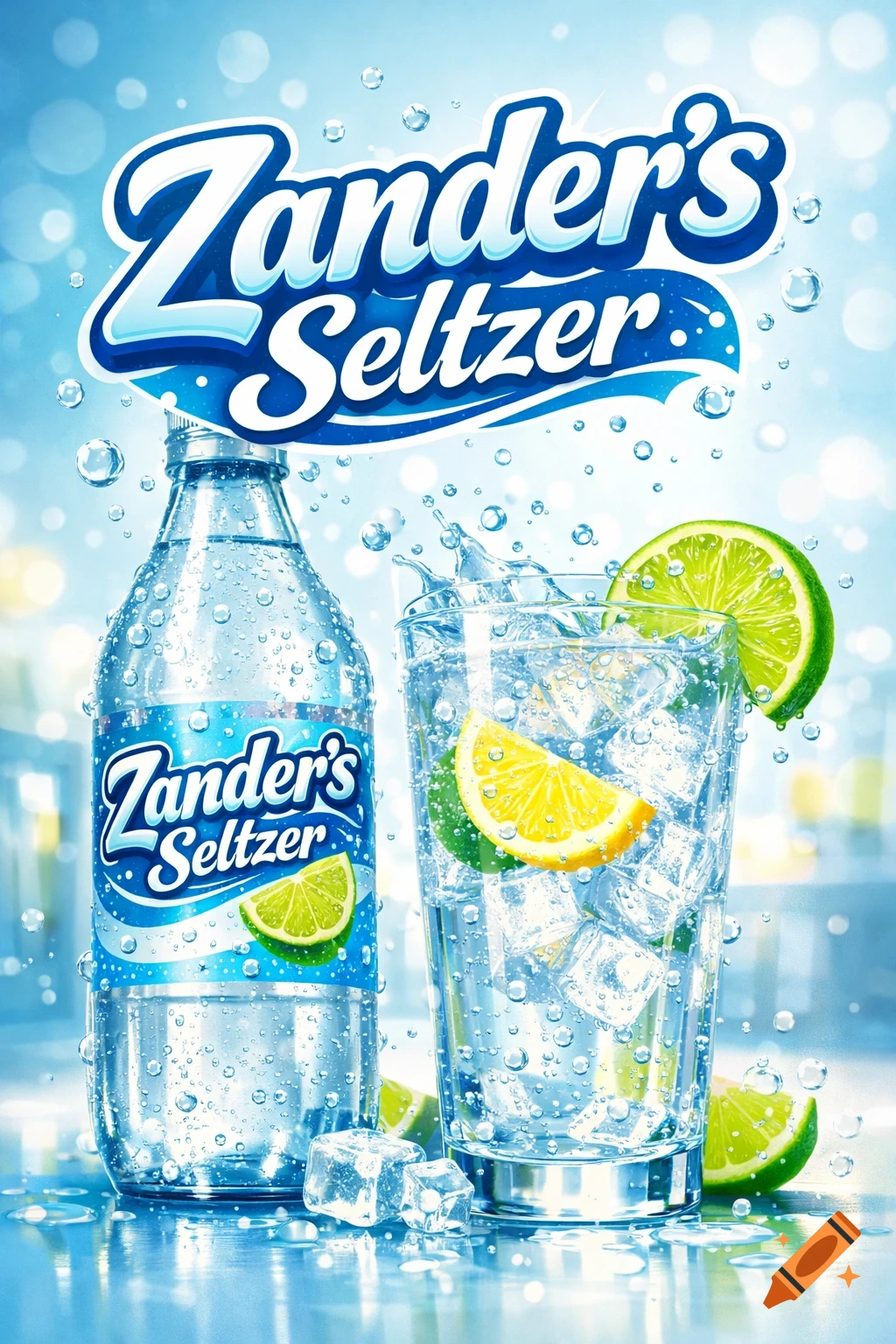 A refreshing bottle of Zander's Seltzer next to a glass with ice, lemon, and lime slices on a blue bubbly background.