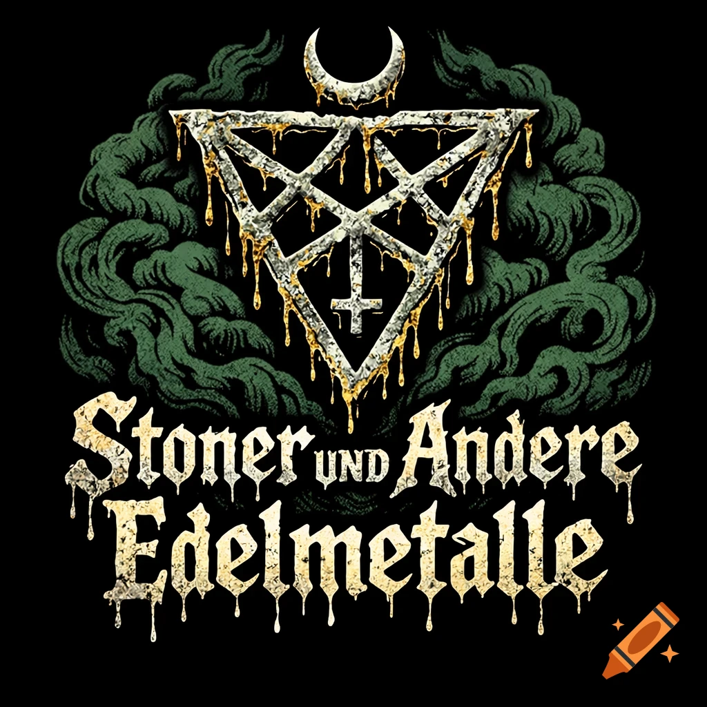 A black and gold logo with an occult symbol, inverted cross, crescent moon, green smoke, and text 'Stoner UND Andere Edelmetalle' in a dripping font.