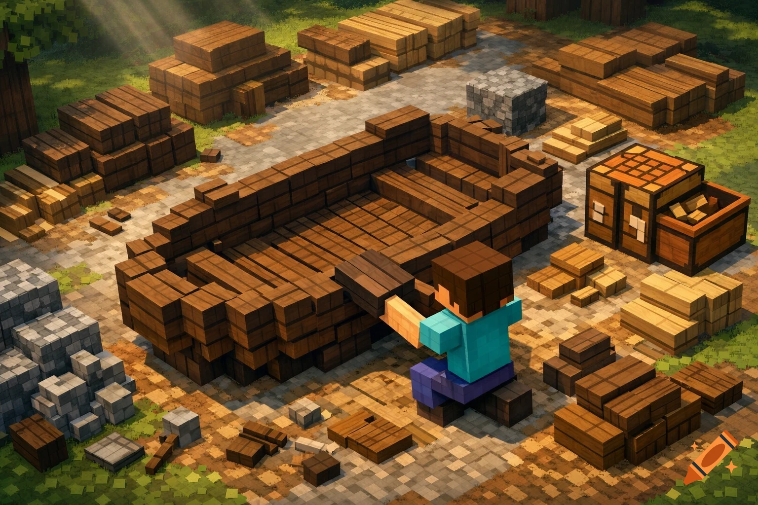 A blocky character in a Minecraft-style world builds a wooden boat surrounded by stacks of wood and stone, under sun rays.