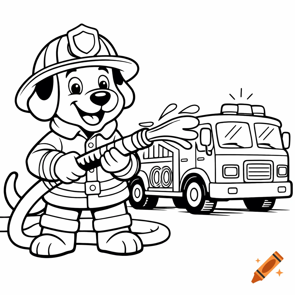 A friendly cartoon dog firefighter in a helmet and jacket, holding a fire hose spraying water, next to a fire truck in black and white line art.
