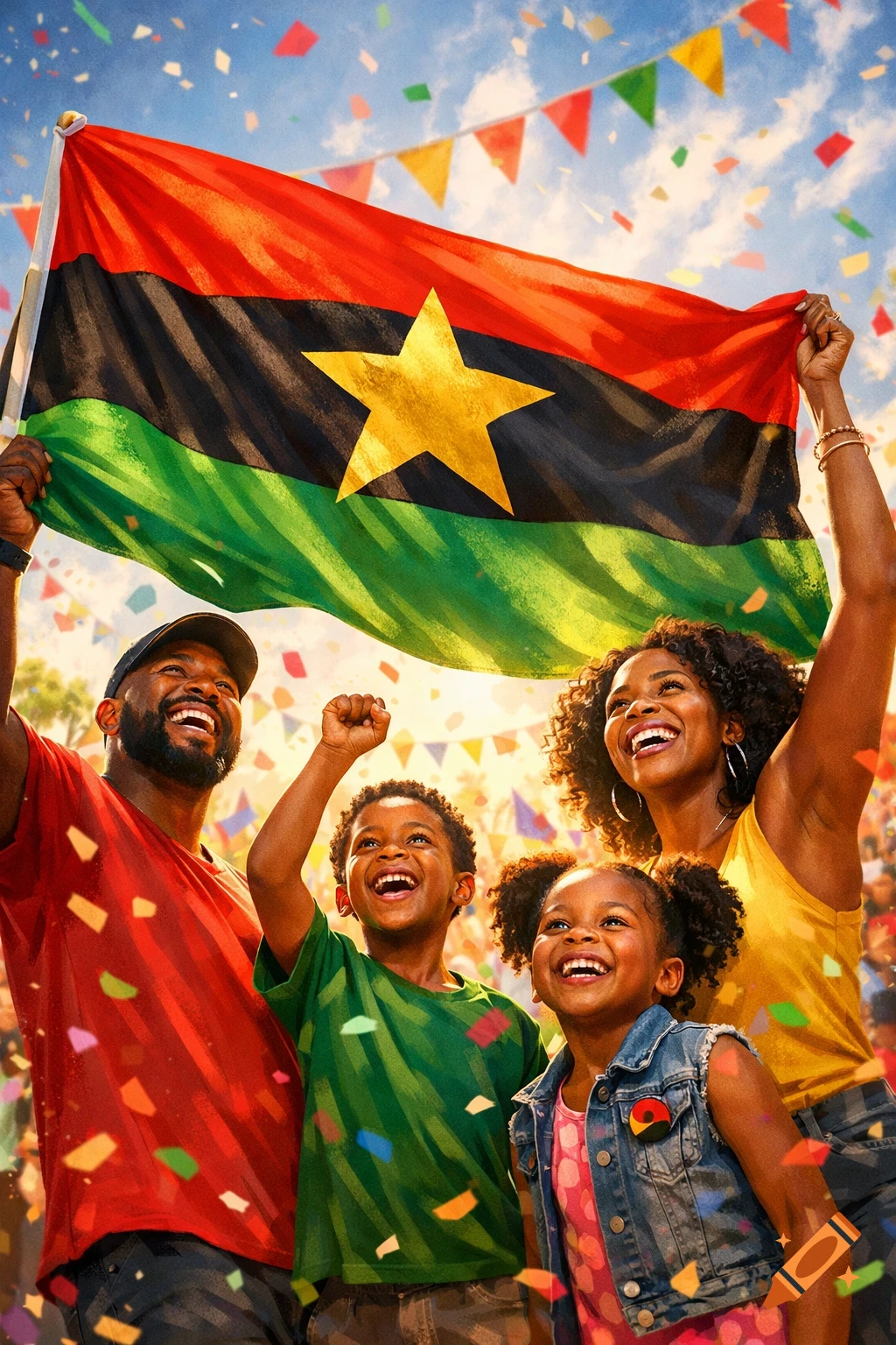 A Black family, including parents and two children, joyfully celebrates at a parade, holding up a large Pan-African flag with a gold star, surrounded by confetti under a bright sky.