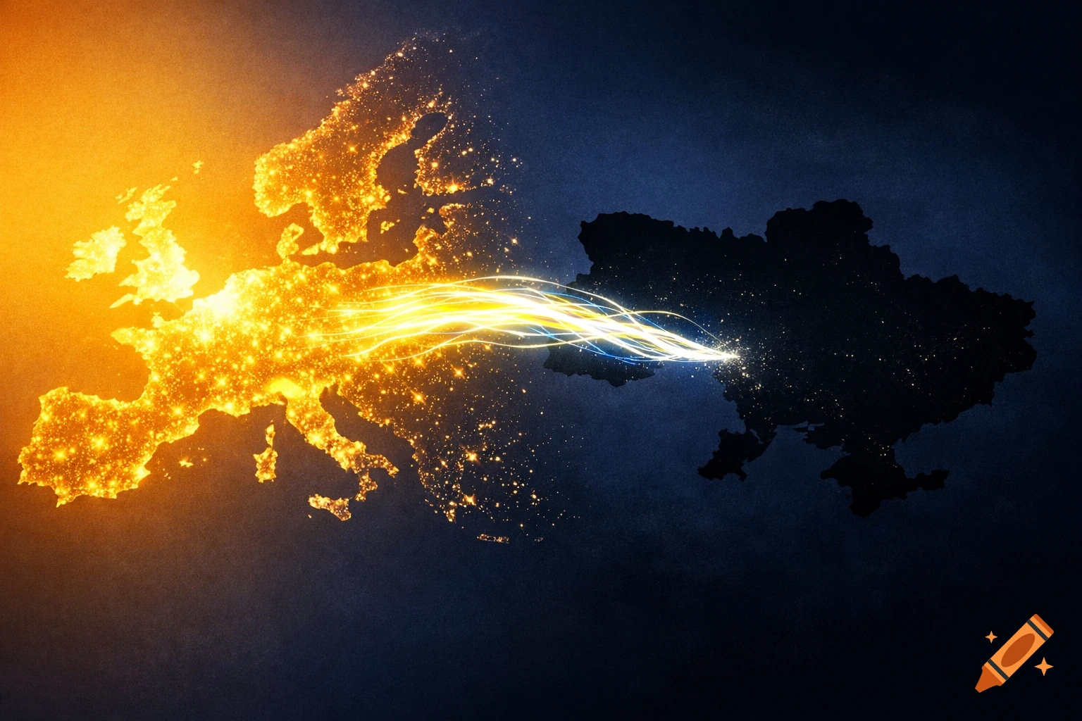 Glowing map of Europe connected by bright energy lines to a dark map of Ukraine, symbolizing aid.
