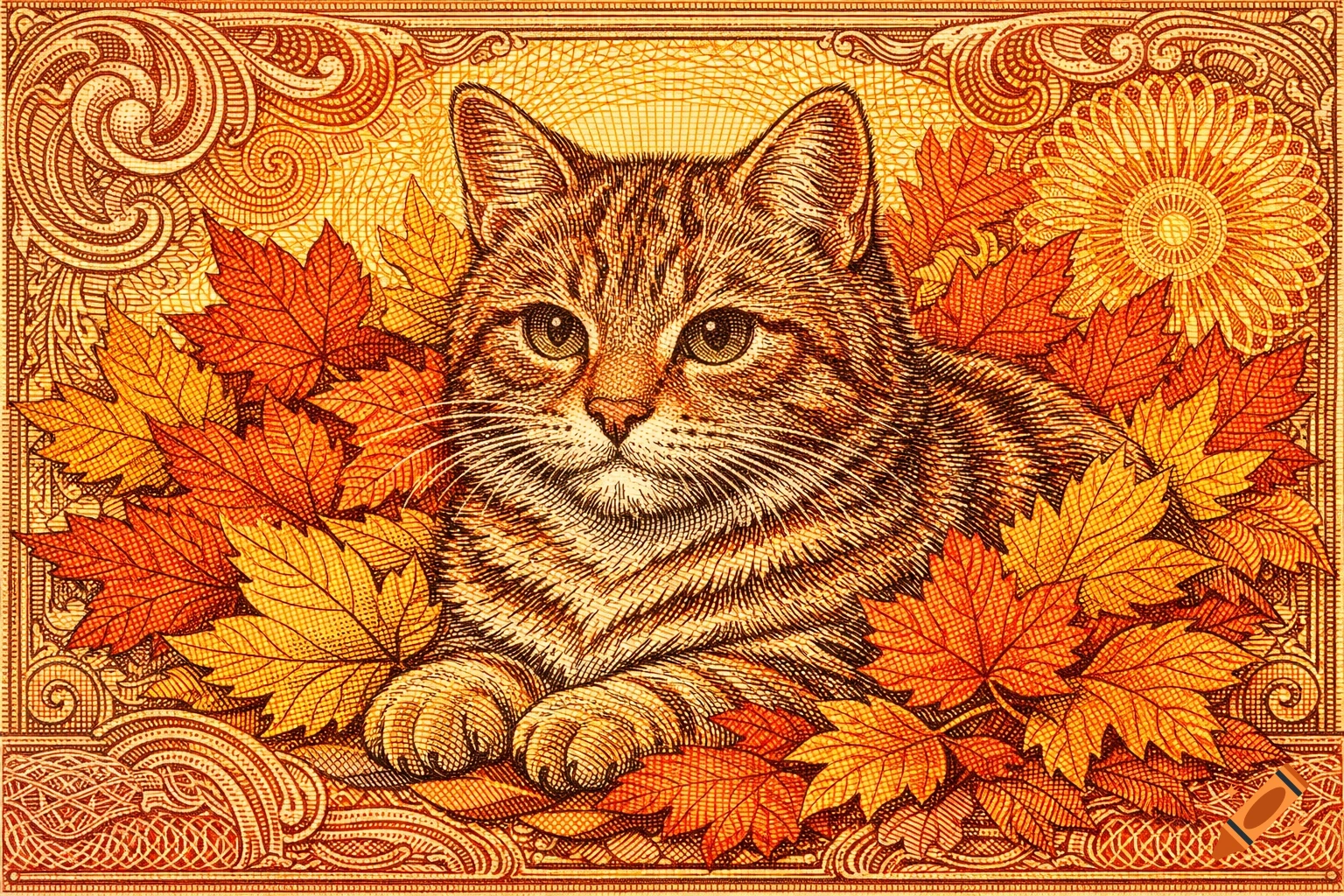A tabby cat lies among red and yellow autumn leaves, rendered in a detailed vintage banknote engraving style.
