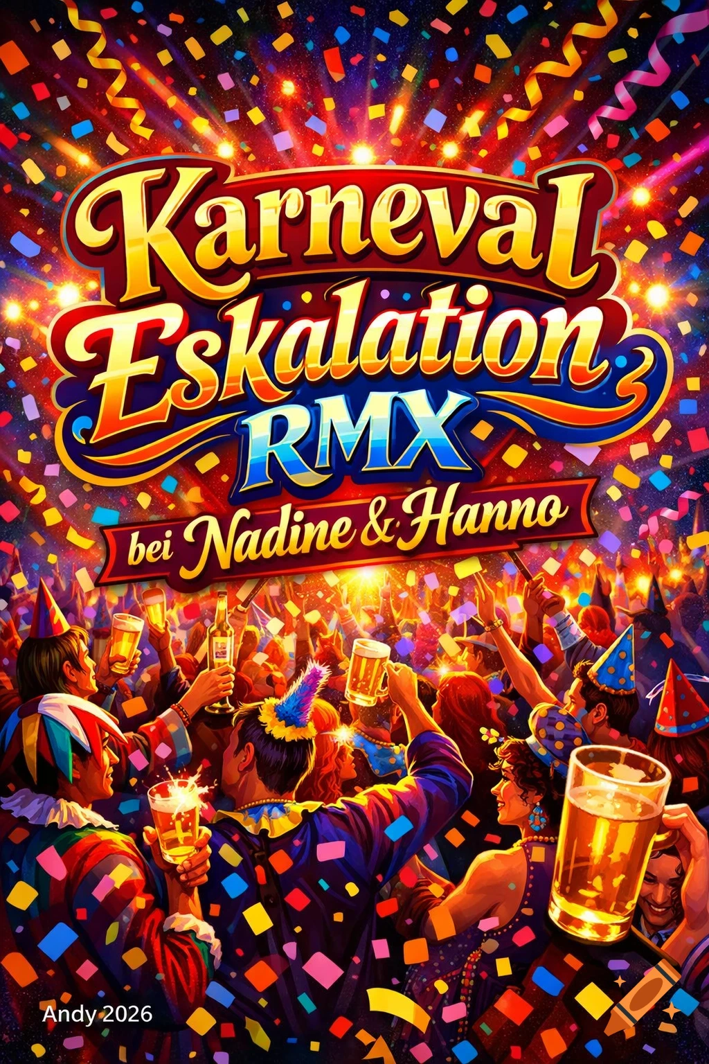 A vibrant carnival poster features the text "Karneval Eskalation RMX bei Nadine & Hanno" above a crowd of people in costumes, holding drinks amidst falling confetti, with "Andy 2026" at the bottom left. Stylized illustration.