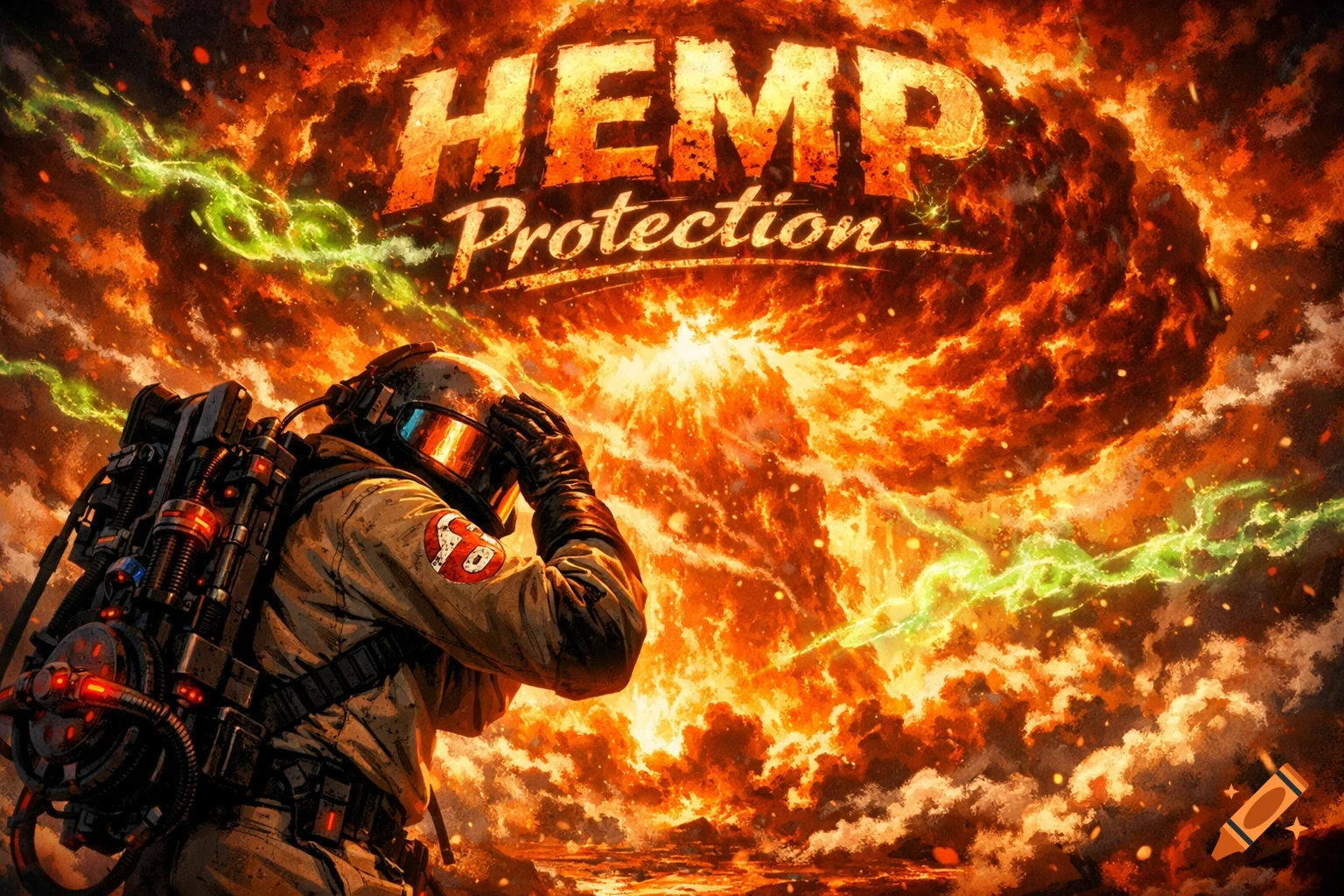 Ghostbuster-like figure in a hazmat suit shields eyes from a fiery explosion with green energy, 'HEMP Protection' text.