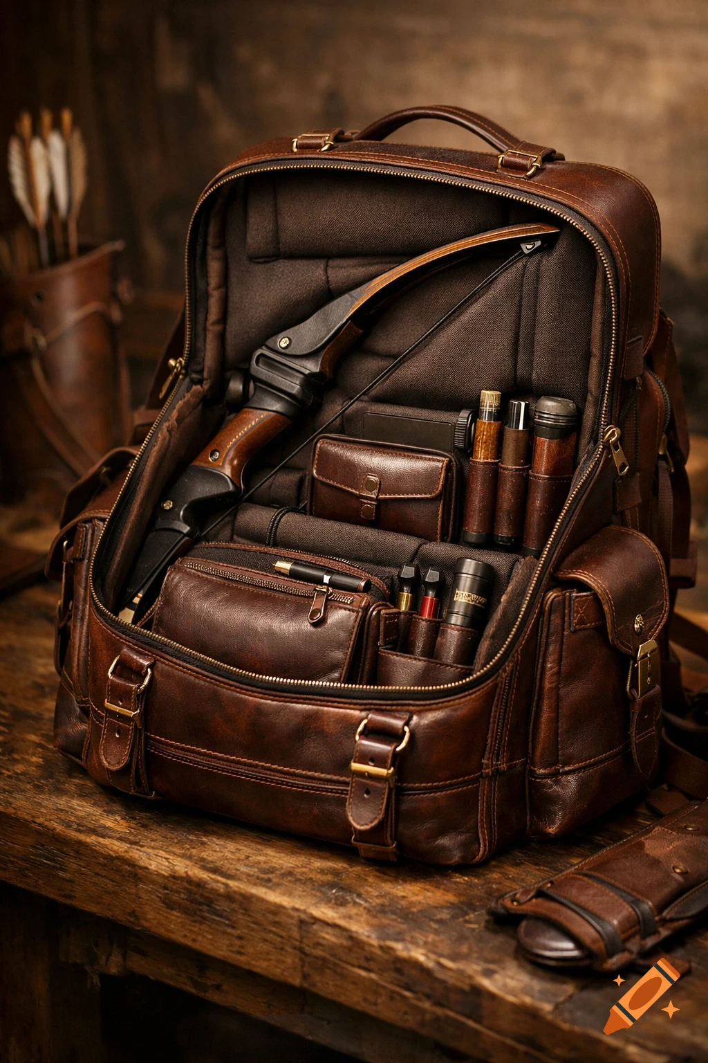 A detailed brown leather backpack, open to reveal a recurve bow, pouches, and archery gear, sits on a rustic wooden table.