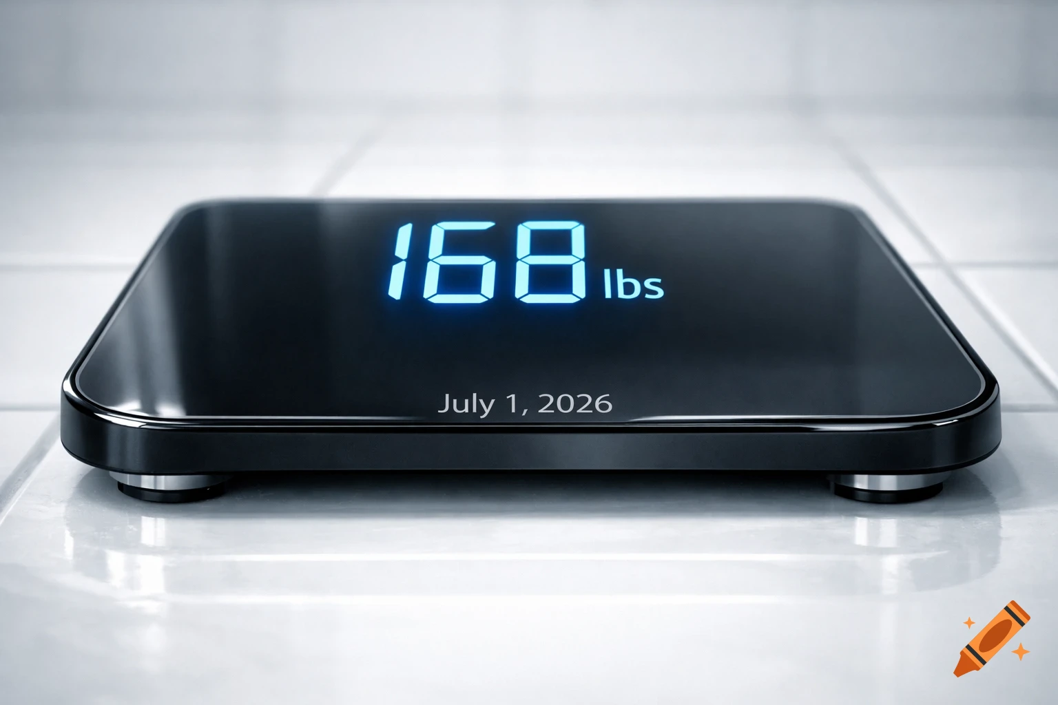 A photorealistic black digital bathroom scale displays "168 lbs" and "July 1, 2026" on a tiled floor.
