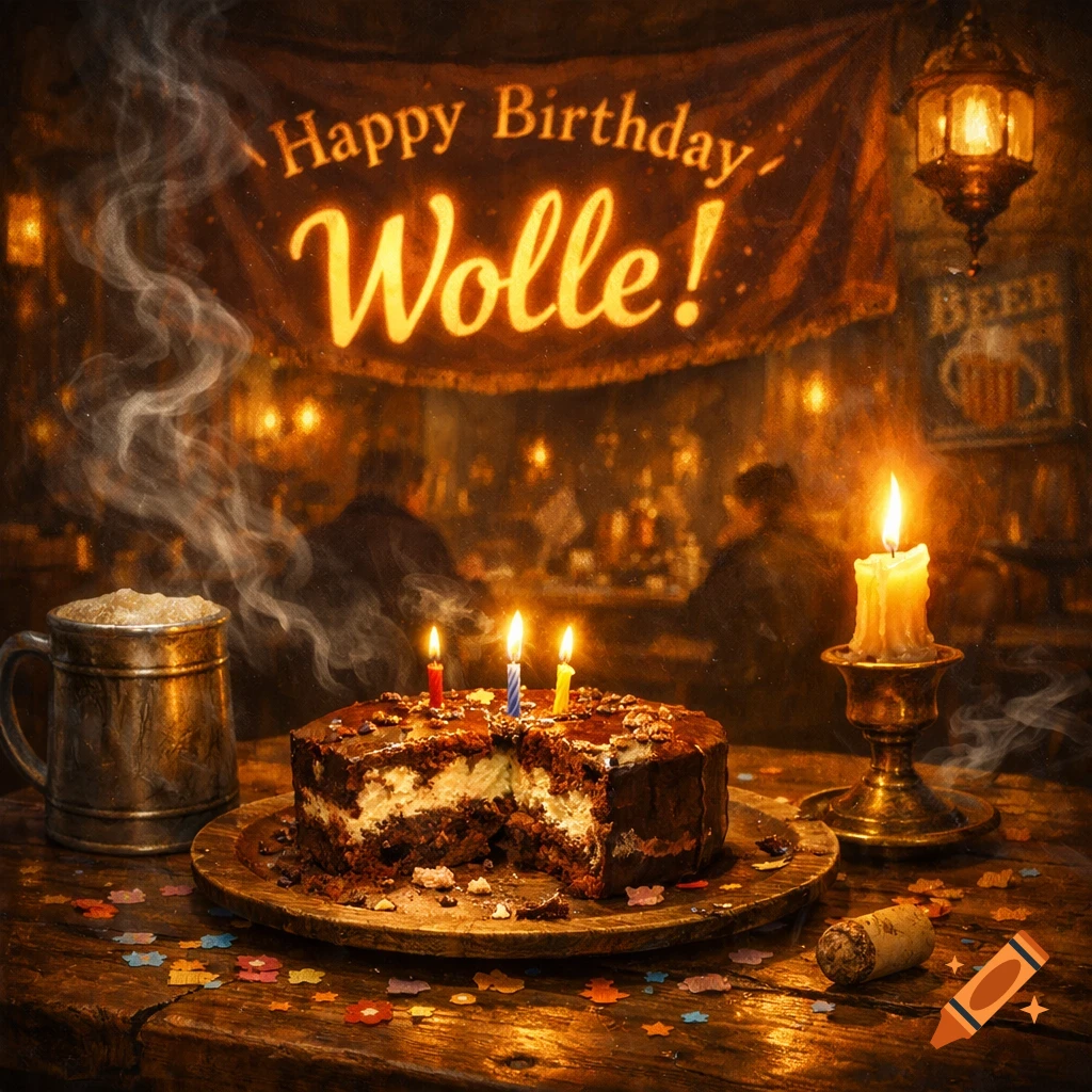 A chocolate birthday cake with lit candles and a slice missing sits on a wooden table in a smoky pub with a metal beer mug and a banner reading "Happy Birthday Wolle!"
