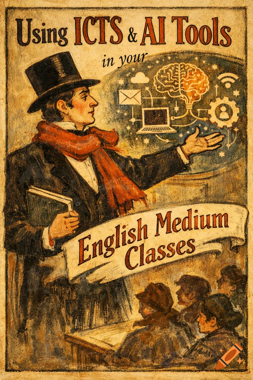 Vintage poster of a man in a top hat teaching about ICTS & AI Tools in English Medium Classes to students, in a 19th-century art style.