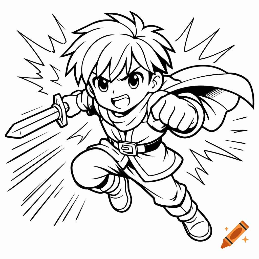 Anime style black and white line drawing of a determined male character with spiky hair and a cape, holding a sword and lunging forward with speed lines.