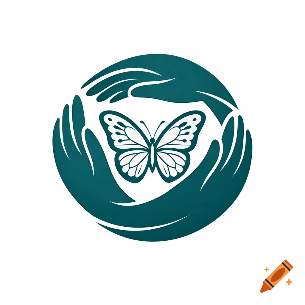 A stylized logo featuring a white butterfly centered within four teal, cupped hands forming a protective circle on a white background.