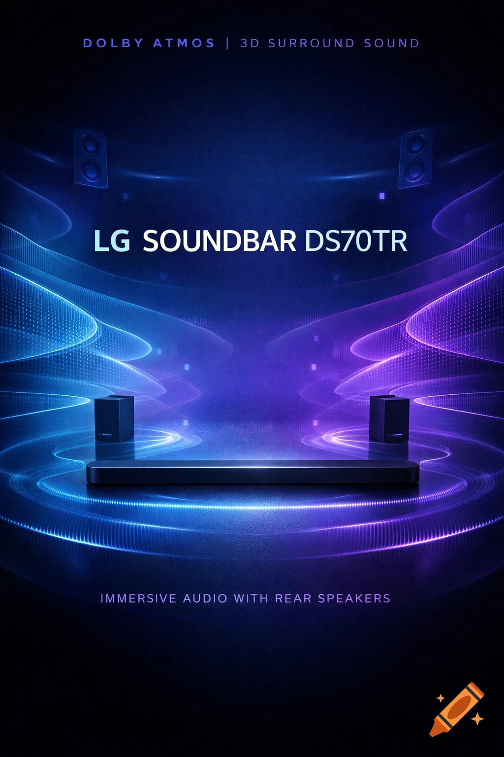 Modern promotional poster for the LG SOUNDBAR DS70TR, featuring the soundbar and rear speakers amid glowing blue and purple sound waves, with text "DOLBY ATMOS | 3D SURROUND SOUND" and "IMMERSIVE AUDIO WITH REAR SPEAKERS".