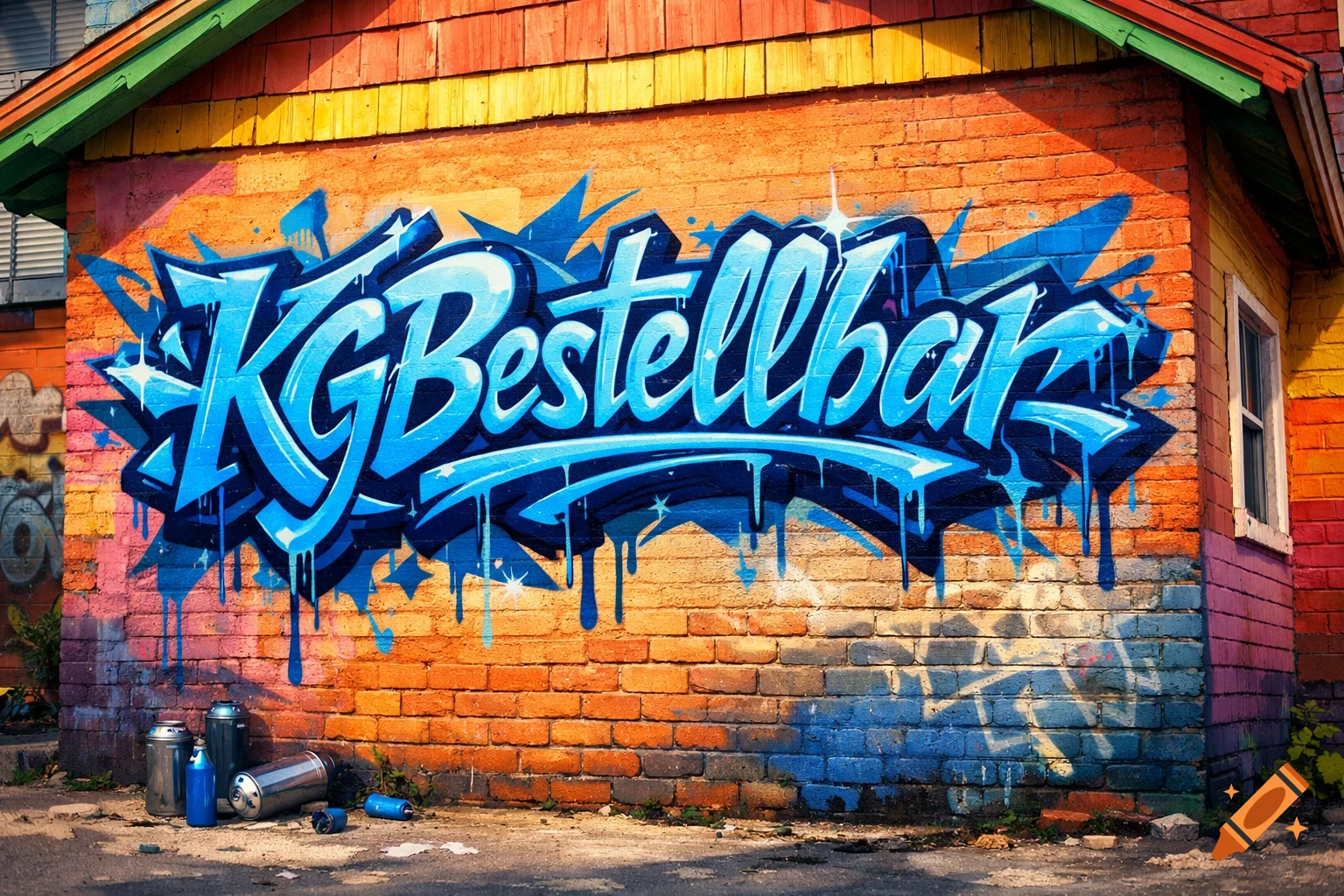 Vibrant blue graffiti reading 'KGBestellbar' on a colorful brick house wall with wooden siding.