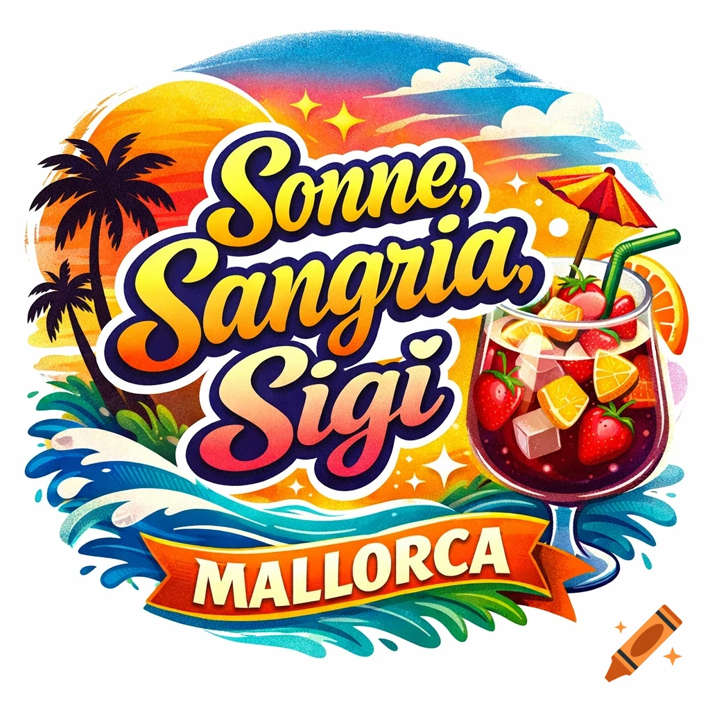 Stylized T-shirt design for a Mallorca holiday, featuring 'Sonne, Sangria, Sigi' text, sunset, palm trees, ocean waves, and a sangria glass.
